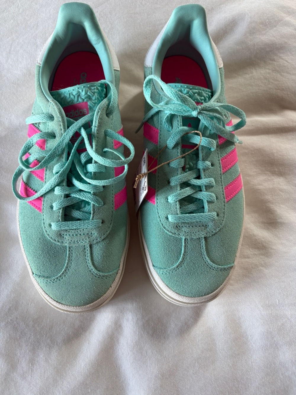 adidas Women's Mint Green Suede Sneakers with Pink Stripes